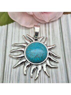 Turquoise Howlite Silver-Tone Sun Large Pendant 2.5" Boho Jewelry Western